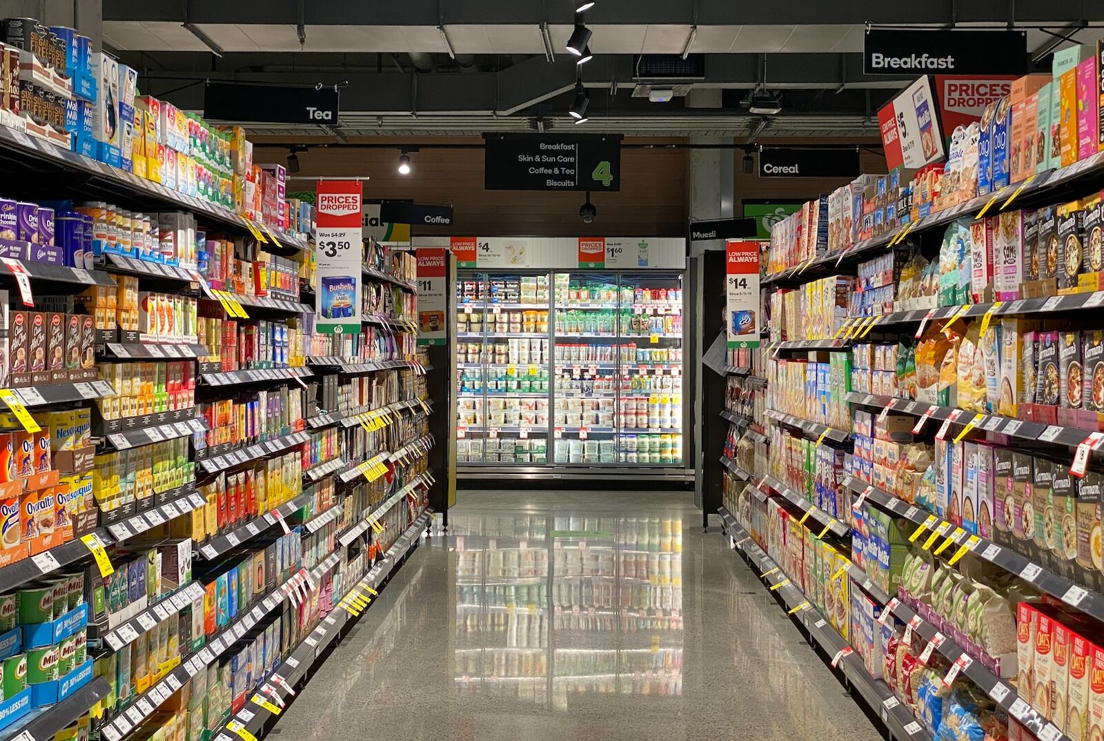 white and red labeled pack on white shelf